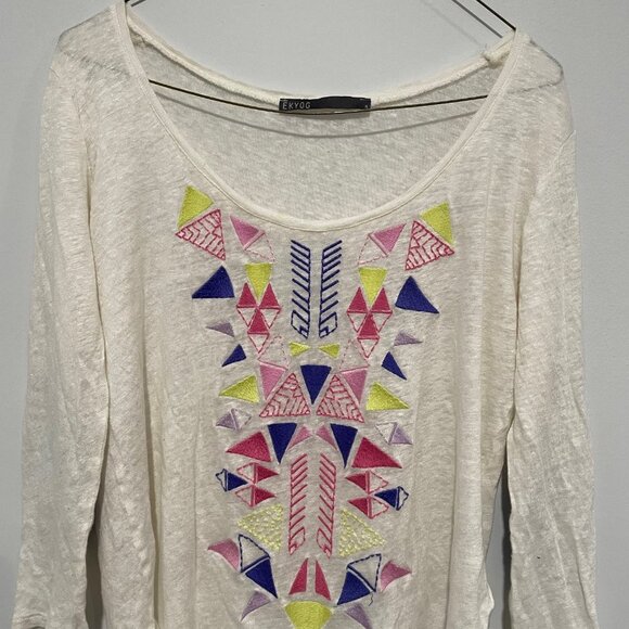 EKYOG Women's White Colorful Print Linen Top Size M - Picture 2 of 7